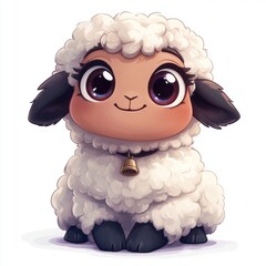 Adorable Cartoon Sheep Character with Soft Fur, Big Eyes, and a Bell, Perfect for Children's Artwork, Merchandise, or Animation Projects