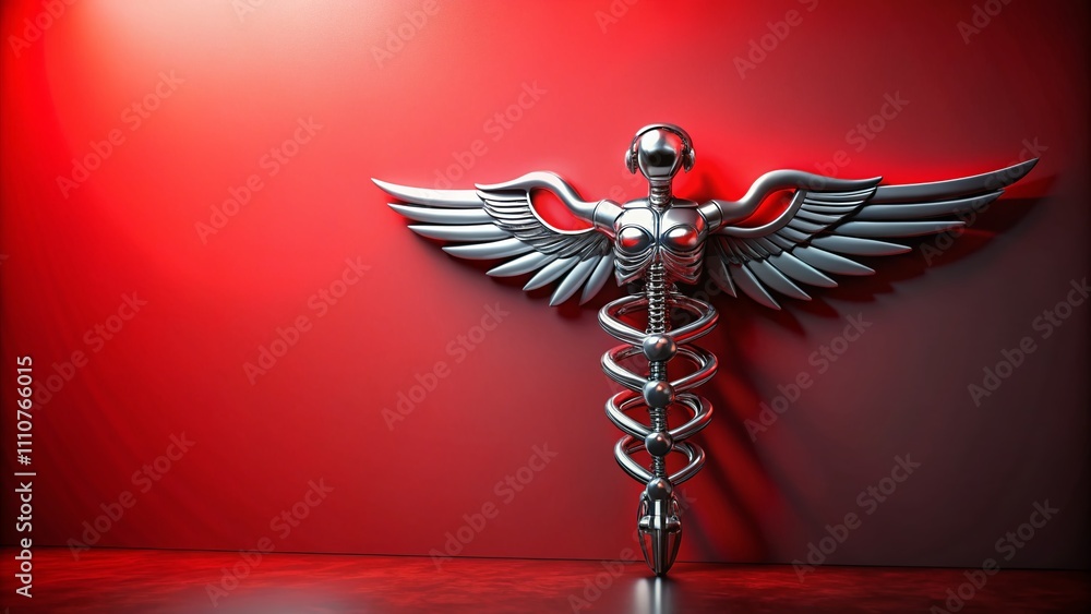 Poster robotic caduceus symbol on red background: a fusion of robotics and medical practice in a minimalist