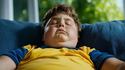 Obraz premium A plump Caucasian boy resting comfortably on a sofa, eyes closed, enjoying a moment of tranquility in a sunlit, serene environment. fatty boy