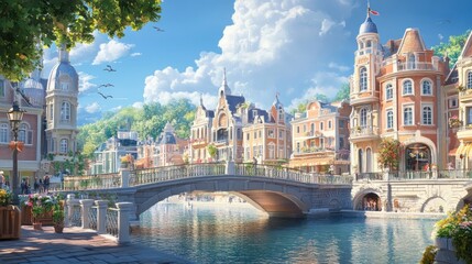 Fototapeta premium Charming canal-side town with stone bridge, colorful buildings, and lush greenery under a sunny sky.