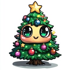 Cute and Adorable Cartoon Christmas Tree Character with Bright Eyes and Colorful Ornaments Perfect for Holiday-Theme Designs and Festive Illustrations