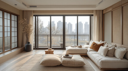 Fototapeta premium Minimalist Modern Asian-Inspired Living Room with Panoramic City Views