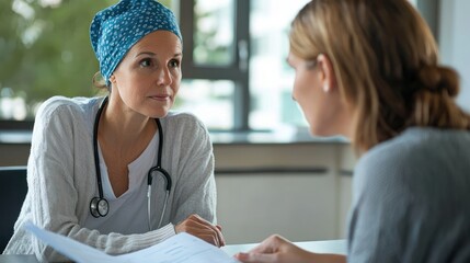 Obraz premium A healthcare professional discussing cancer prevention strategies with a patient in a clinical setting