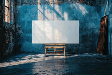 Rustic Concrete Room with Empty Canvas on Wooden Easel and Bench, Perfect for Displaying Artwork and Designs