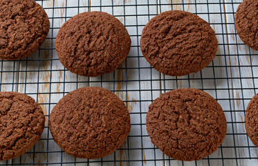 Tasty chocolate cookies  cooling on a black wire rack, close up. Top view.