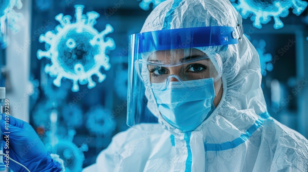 Poster a lab technician in full ppe working in a covid-19 testing laboratory