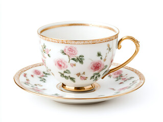 A delicate porcelain teacup and saucer, isolated on white