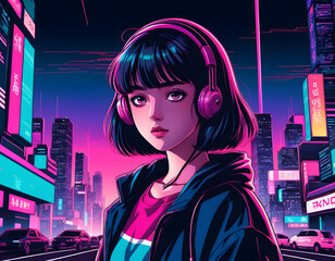 Synthwave city girl with headphones