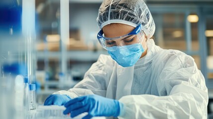 A laboratory technician preparing samples for COVID-19 testing, fully equipped with PPE