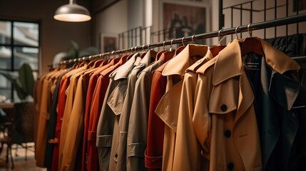 Obraz premium A photo of a rack of classic trench coats in a boutique