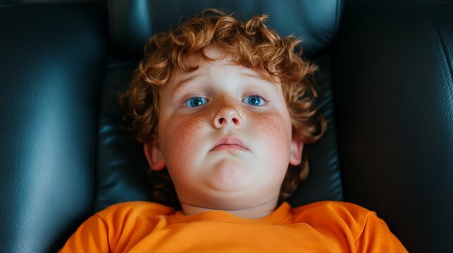 A young Caucasian boy with curly hair and freckles reclines on a black chair, wearing an orange shirt, looking contemplative and relaxed. fatty boy