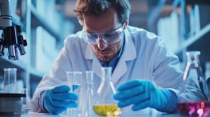 A male scientist mixing chemicals in a lab, wearing protective eyewear and gloves