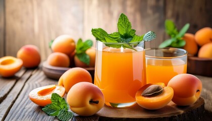 Fototapeta premium Fresh Apricot Juice with Sliced Apricots and Mint on Rustic Wooden Table for Refreshing Summer