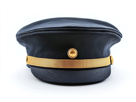 A detailed view of a train conductor's hat, isolated on white background