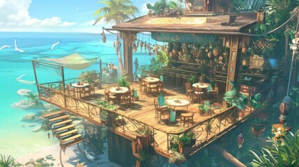 Fototapeta premium Tropical beach bar restaurant on stilts with ocean view, tables, chairs, plants.