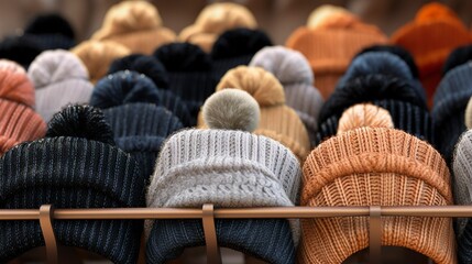Obraz premium A photo of a rack of stylish winter hats.