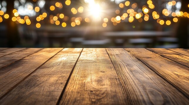 A wooden tabletop with a blurred background of shimmering lights, creating a warm and inviting atmosphere.
