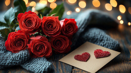 Romantic Valentine's Day Bouquet: A captivating image of a vibrant red rose bouquet rests on a rustic wooden table.