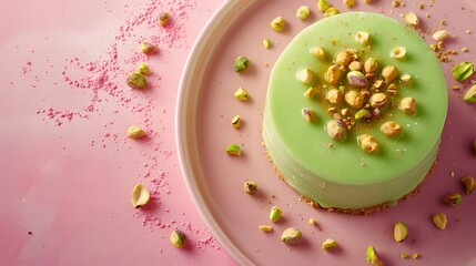 top shot close up of green pistachio basque cheese cake with nuts on top on a pink plate