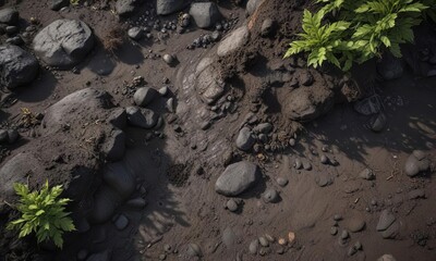 Detailed view of rugged black soil on a forest floor , soil, forest