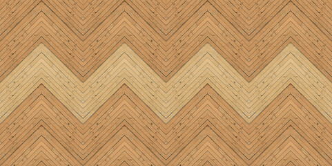 Chevron-patterned flooring in light and dark wood tones, blending natural textures into a zigzag design.