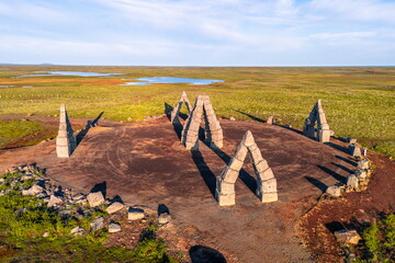 Aerial view of the beautiful north polar The Arctic Henge in Raufarhöfn, Melrakkasletta, North East Iceland, Iceland