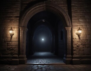 Gothic archway with illuminated electric lights bordering the dark stone facade, mysterious, dark stone