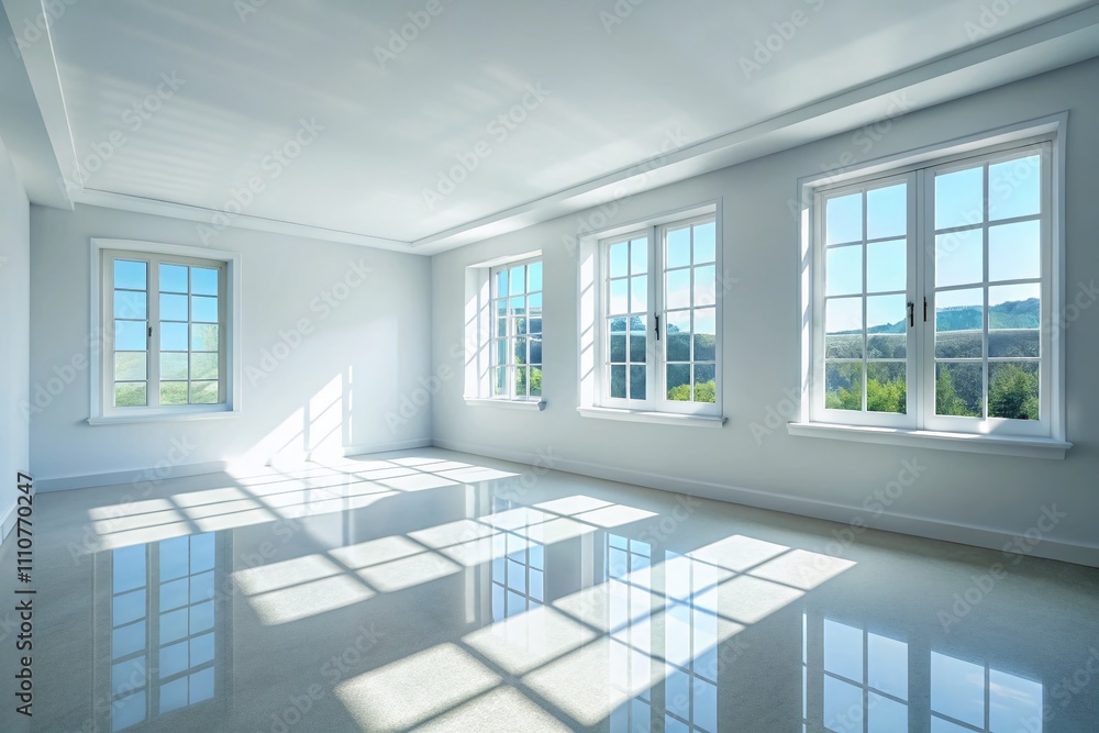 Aufkleber serene empty room with white walls and soft window shadows captured in panoramic photography, ideal 