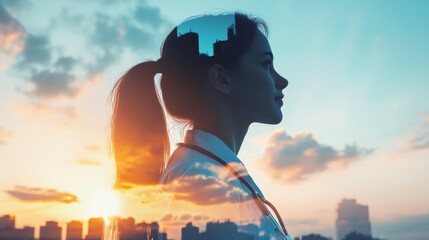 Healthcare Access. A thoughtful woman gazes into the horizon, symbolizing hope and ambition against a stunning cityscape backdrop at sunset.