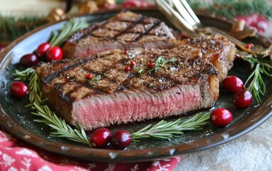 A generous porterhouse steak on a rustic plate surrounded by holiday garnishes like cranberries rosemary and holiday-themed cutlery