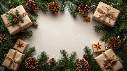 Rustic Christmas Gift Frame: A charming arrangement of pine branches, pine cones, and kraft paper-wrapped gifts creates a rustic and elegant Christmas frame.