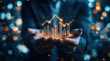 Background Featuring a Businessman Holding a Holographic Micro City Model with an Ascending Arrow, Illustrating the Concept of Real Estate Asset Growth and Digital Advancement in Finance and Investmen