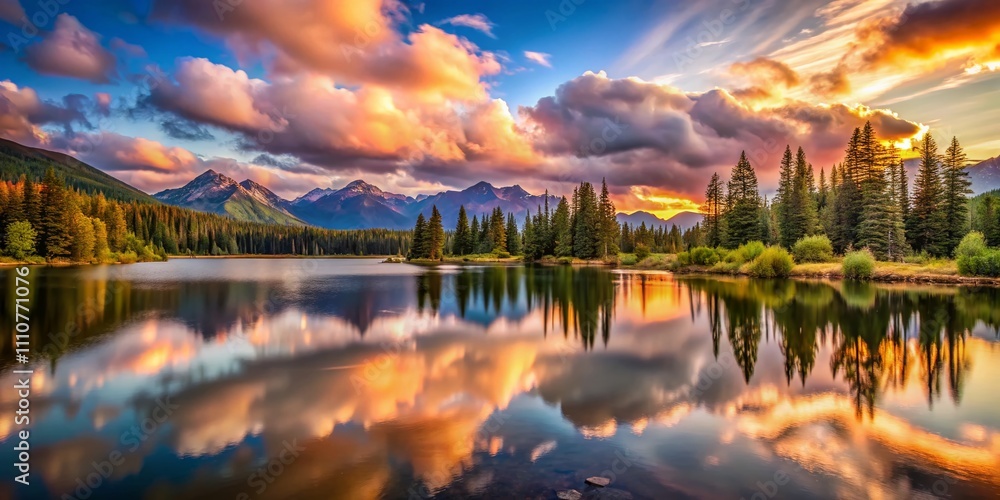 Poster serene lake winding through lush mountains under fluffy clouds with bokeh effect capturing nature's 