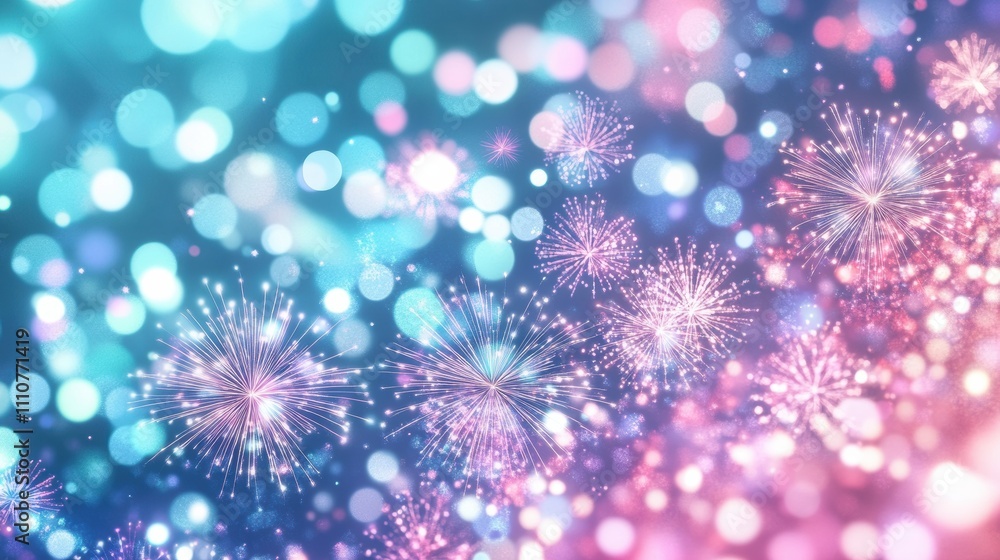 Poster vibrant abstract background with colorful bokeh and sparkling fireworks effects.