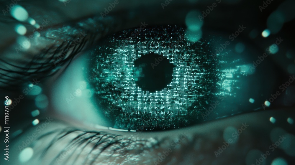 Poster close-up of a eye with glowing data patterns representing technology and vision.