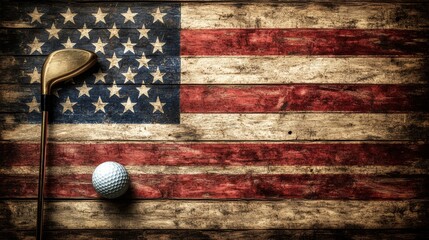 Golf Club and Ball Resting on a Vintage Wooden Surface Decorated with American Flag, Symbolizing Patriotism and the Sport of Golf in One Captivating Image
