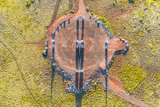 Monumental stone gates in barren landscape, Arctic Henge, Raufarhoefn, Melrakkasletta, North East Iceland, Iceland