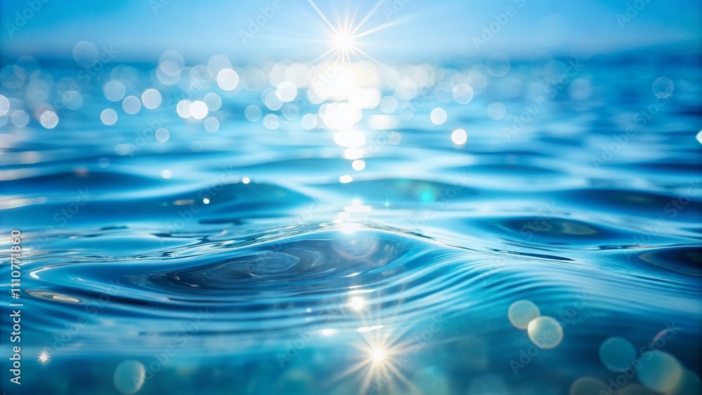 Poster serene long exposure of light blue water surface with ripples, bubbles, and splashes creating a shim