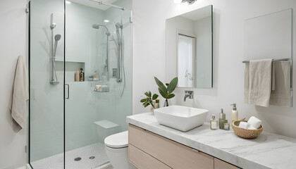 Contemporary Small Bathroom Featuring White Walls, Marble Vanity, and Frameless Shower