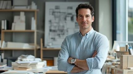 A portrait of a male architect in a modern office setting, reflecting professionalism and creativity