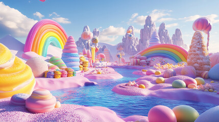 A vibrant and whimsical render of a sugary candy land landscape, candy, sweets, rainbow, fantasy, colors, dessert, sugar.