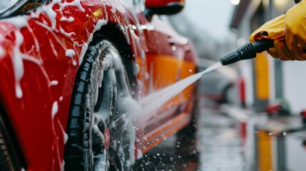 A man is washing a red car with a hose