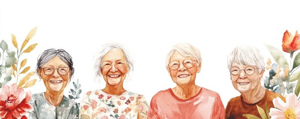 Healthy Aging. Four joyful elderly women smiling together, surrounded by colorful flowers, representing friendship and happiness.
