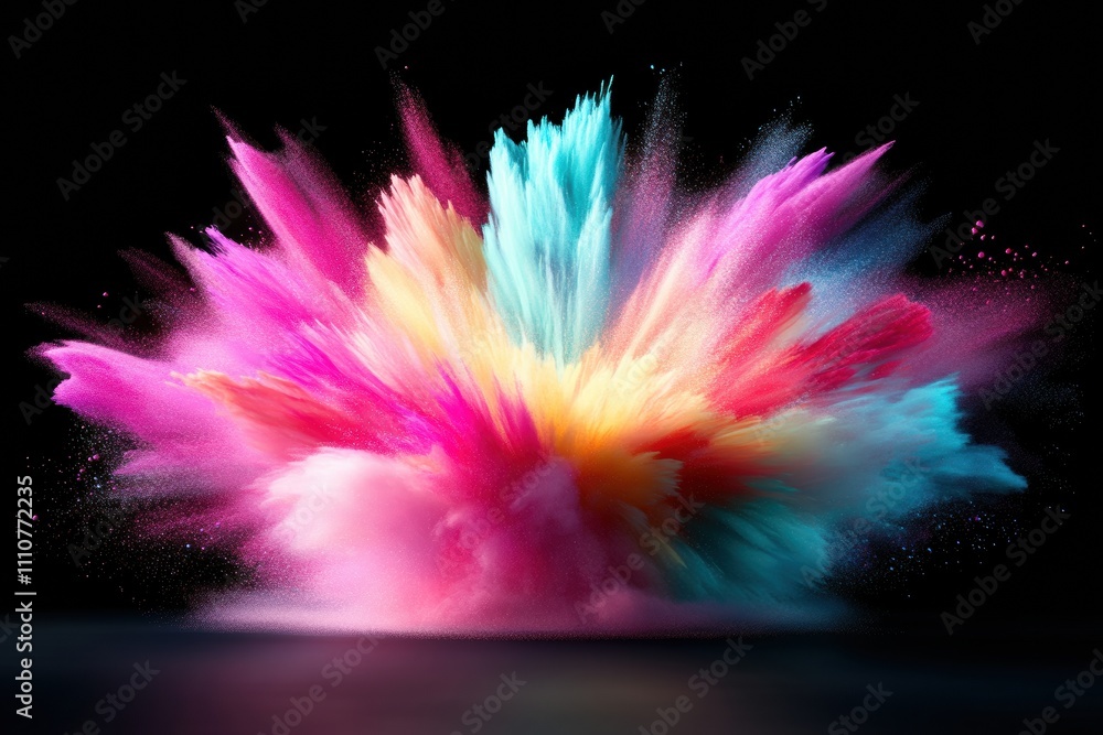 Poster vibrant explosion of colored powder creating dynamic abstract on a dark background.