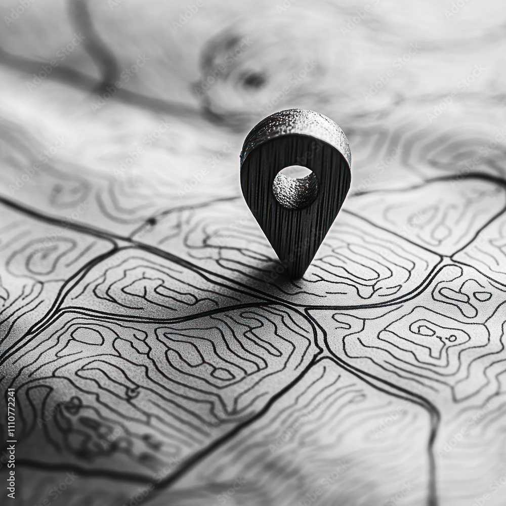 Poster here's a possible and keyword list for your stock photo.. wooden marker pin on topographic map.