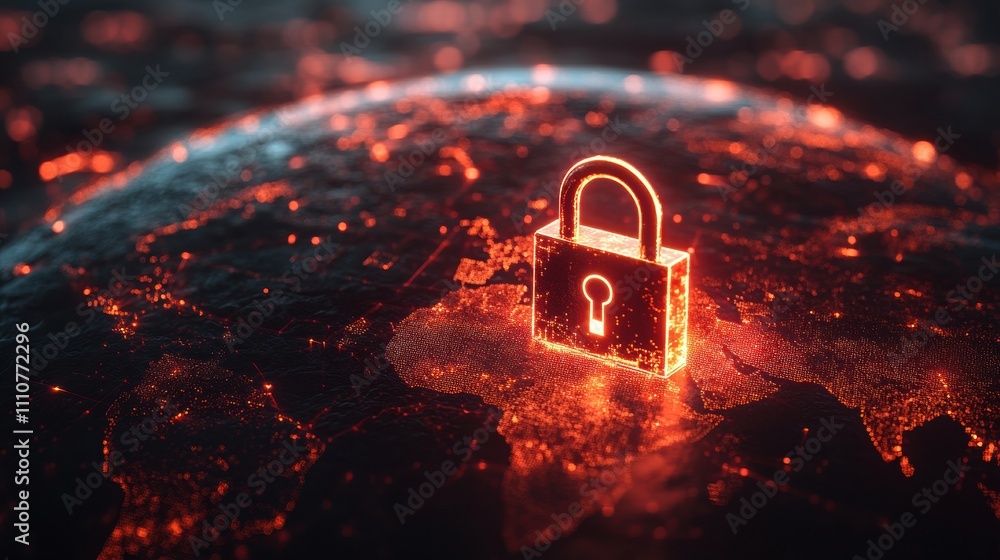 Aufkleber digital security concept with glowing lock a global map background.