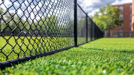 Black Chain Link Fence Along a Bright Green Turf Field Under Clear Blue Sky with Soft Clouds and Surrounding Trees for Landscaping or Outdoor Sports Use