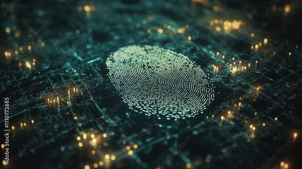 Poster futuristic fingerprint on glowing network background with data connections.