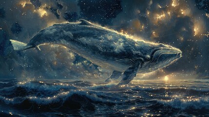 Fototapeta premium A majestic whale swimming through a starry ocean, blending nature with cosmic elements.