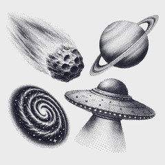 galaxy elements set, retro halftone style space illustration, comet, planet, UFO, spiral galaxy © Satoru Sketches